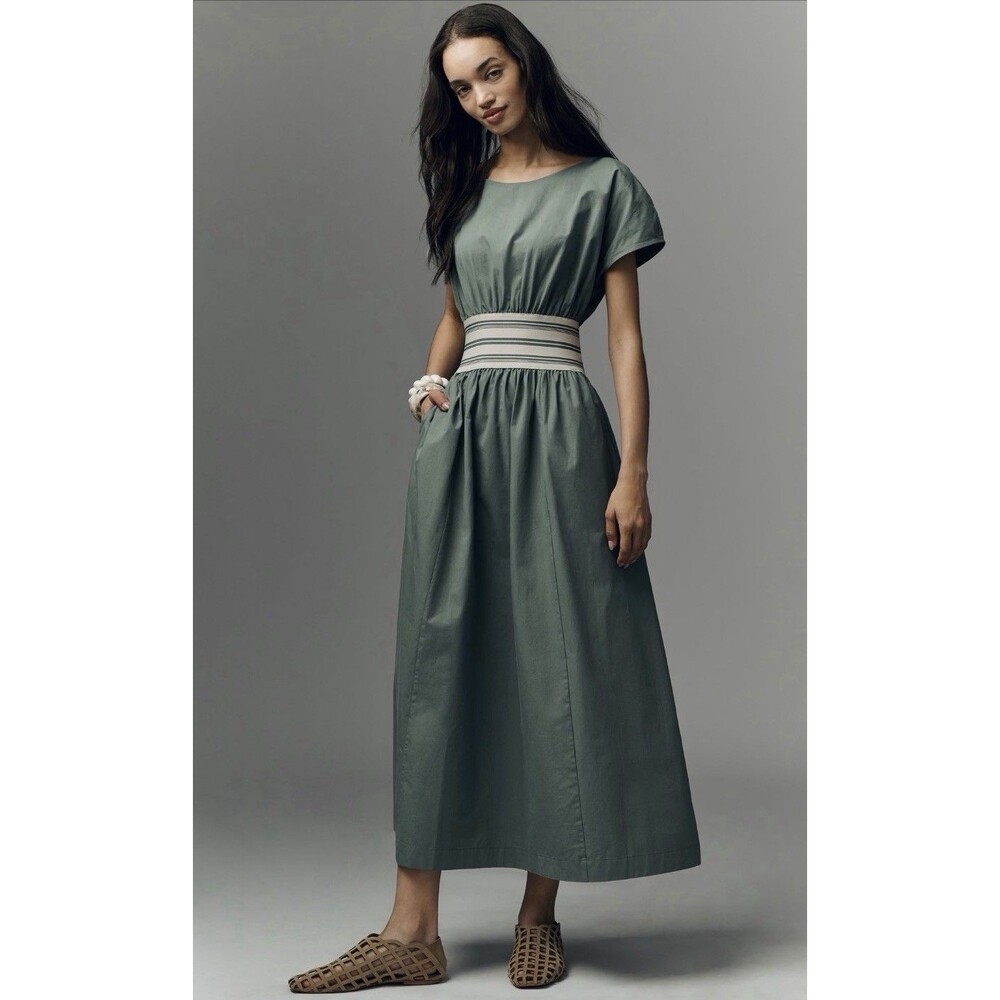 Anthropologie Midi Dress Green A Line Short Sleeve Preppy Retro Resort Small NWT